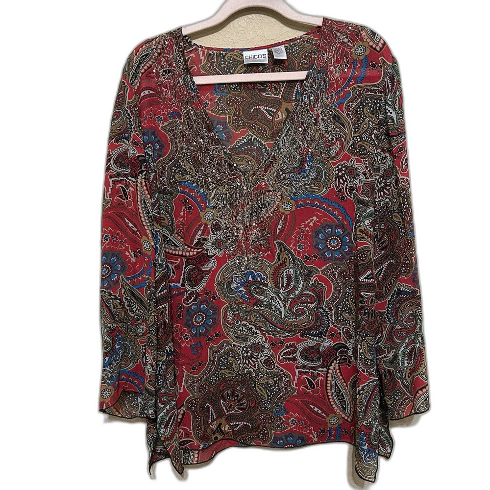 Chicos 100% Silk Beaded V-Neck Tunic Top Womens 3 XL Red Paisley Boho Holiday